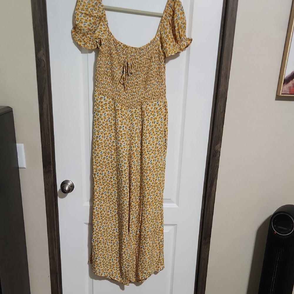 Faithfull the Brand Yellow Floral Smocked Maxi Dress with Puff Sleeves